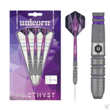 Full product packaging of amethyst tungsten darts with purple flights, single dart profile, and close-up of shot-blasted barrel grip texture