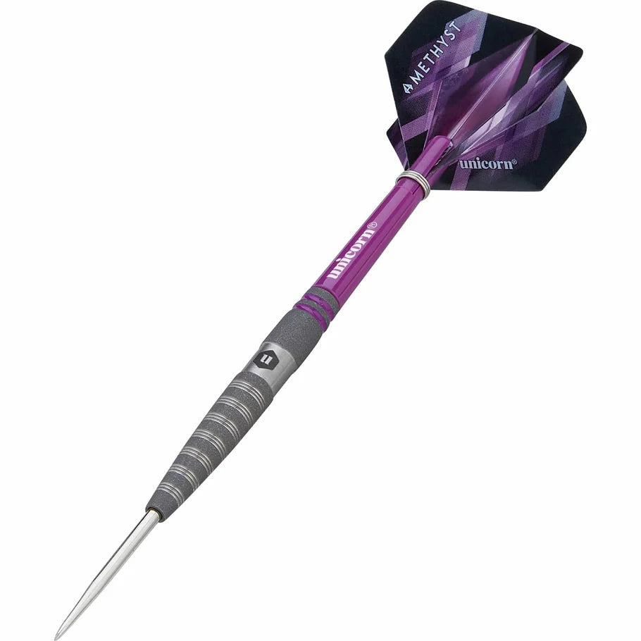 Angled full view tungsten dart with shot-blasted grip, purple shaft, and Amethyst geometric flights on white background