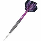 Angled full view tungsten dart with shot-blasted grip, purple shaft, and Amethyst geometric flights on white background