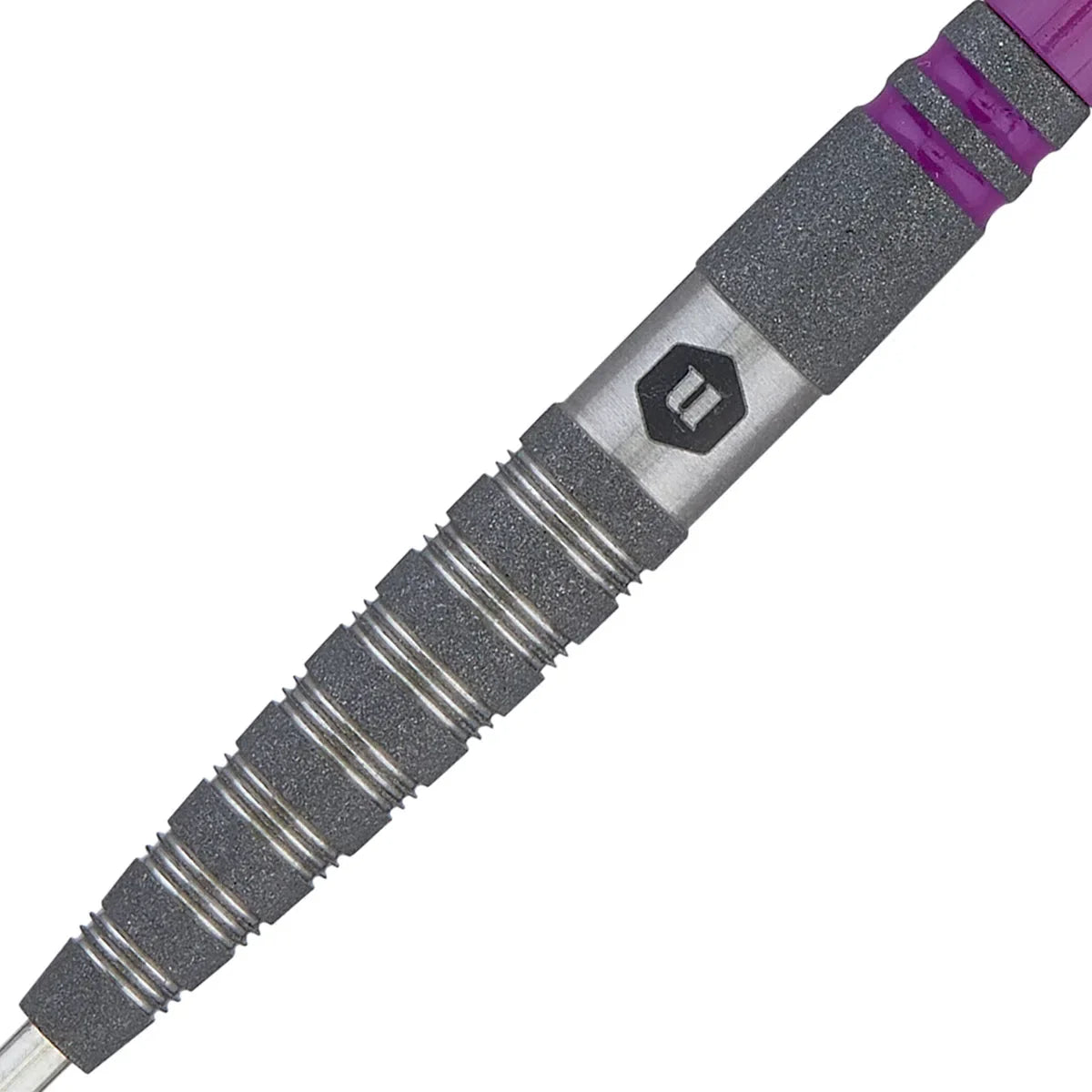 Macro close-up of 90% tungsten dart barrel showing shot blasted grip rings and engraved logo, ideal for dart players