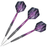 Three 90% tungsten darts with purple shafts, textured grip barrels, and amethyst pattern flights, isolated on white background