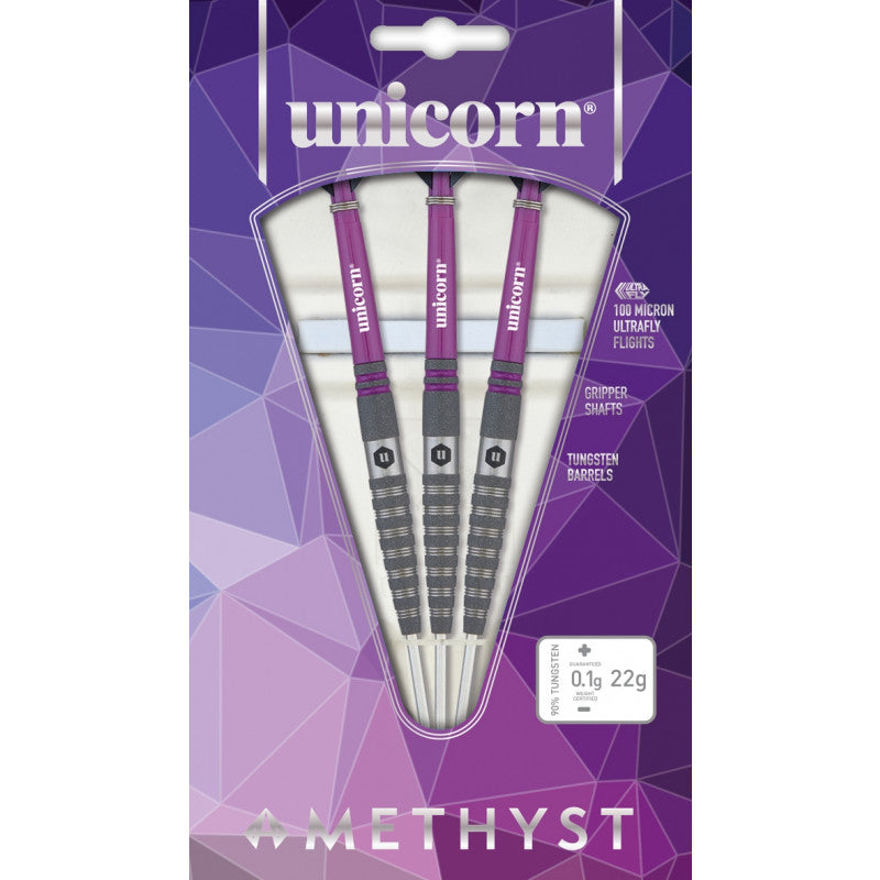 Three 90 percent tungsten darts with purple gripper shafts in retail packaging, full product view showing barrel texture and ultrafly flights
