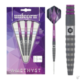Three 90% tungsten darts in retail packaging with shot blasted barrel grip, plus close-up of amethyst flight and textured barrel