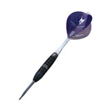 90% tungsten dart shown angled on white, highlighting textured black barrel grip and purple custom flight design
