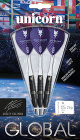 Full-packaged set of three 90% tungsten darts with purple signature flights, black gripper barrels, and 26g weight on retail backing