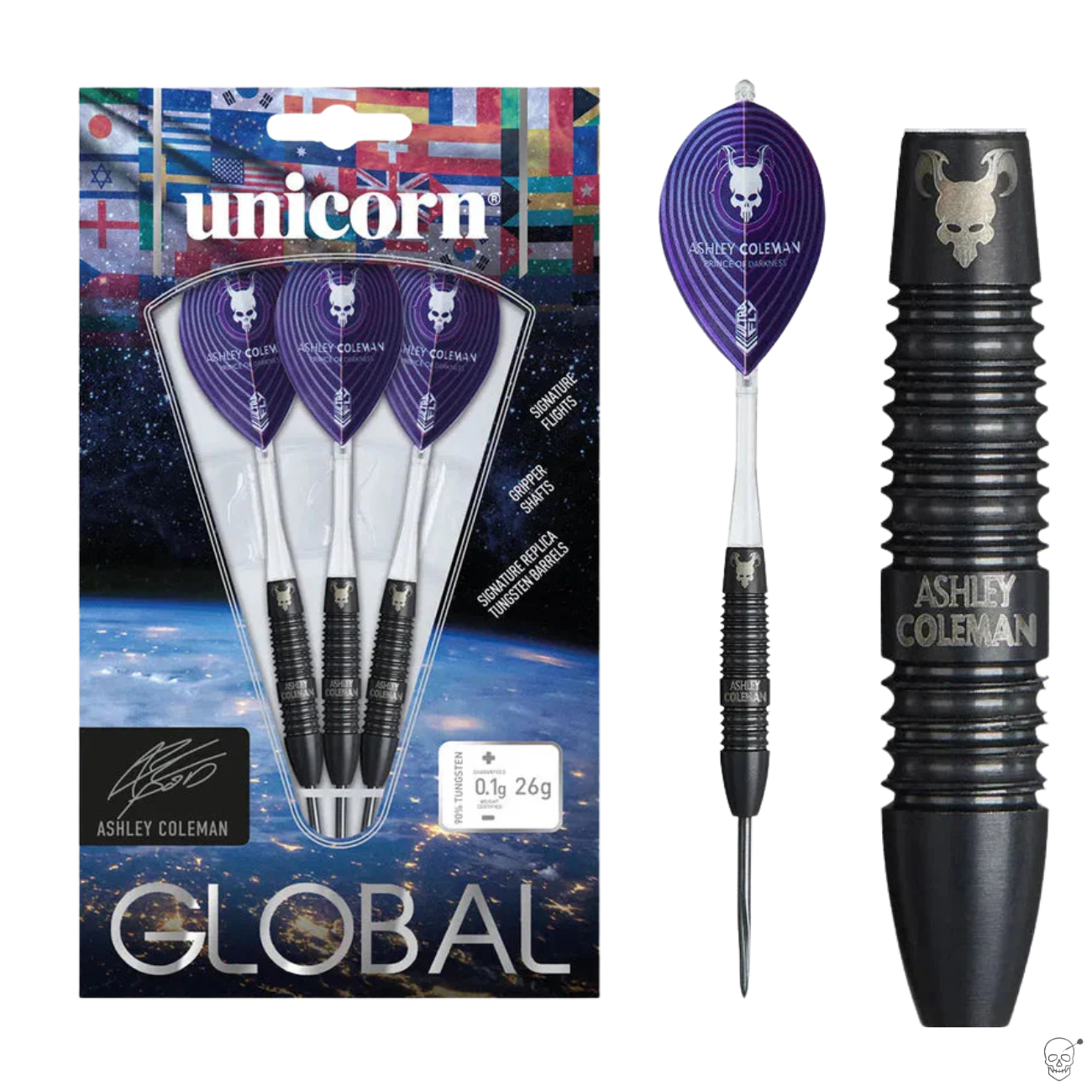 Three 90% tungsten darts in packaging with gripper shafts, purple signature flights, plus close-up of Ashley Coleman barrel grip engraving.