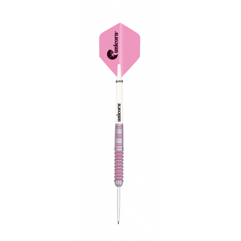 Single 80 tungsten dart full view on white background showing pink flight, precision grip barrel, and slim white stem
