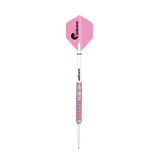 Single 80 tungsten dart full view on white background showing pink flight, precision grip barrel, and slim white stem