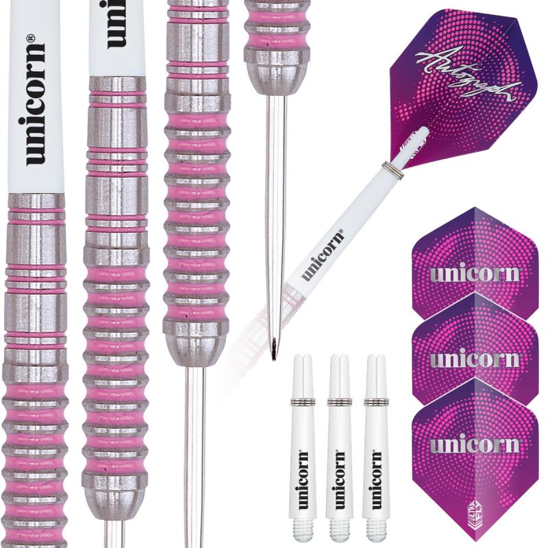 Close-up of 80% tungsten darts showing precision grip texture, with extra shafts and purple flights for steel tip dart setup