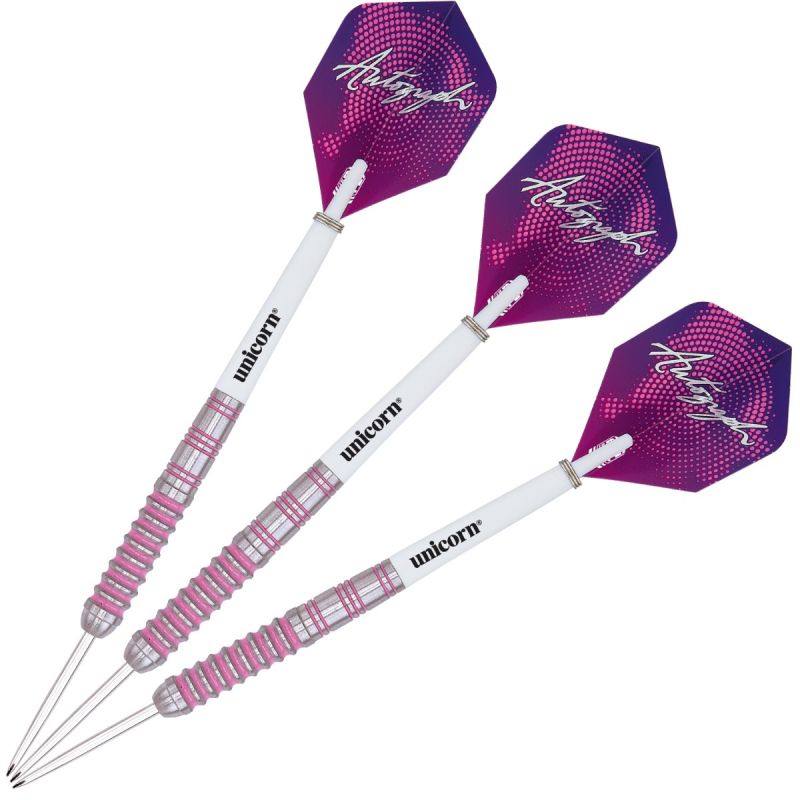 Set of three 80% tungsten darts arranged side by side, textured grip barrels, white stems, purple signature flights on white background