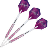 Set of three 80% tungsten darts arranged side by side, textured grip barrels, white stems, purple signature flights on white background