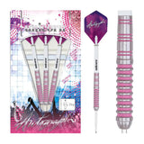 Three 80% tungsten darts in packaging with pink rings, single dart flight and close-up grip texture, full product display