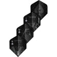 Three black dart flights with spade playing card designs shown angled on white background, highlighting King, Queen, Jack graphics for dart accessories