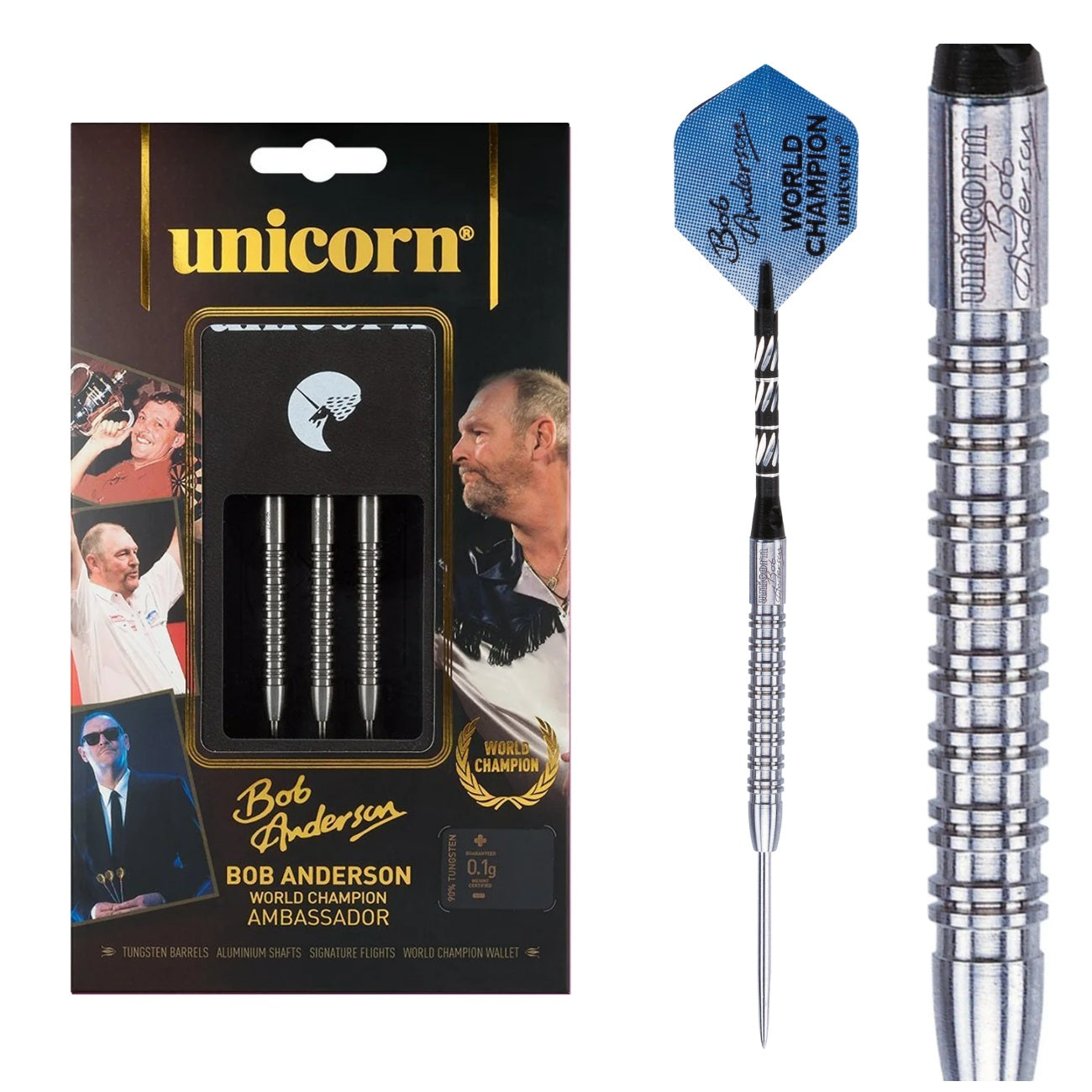 Unicorn Bob Anderson World Champion 90% tungsten darts — packaging, complete dart and barrel close-up