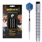 Unicorn Bob Anderson World Champion 90% tungsten darts — packaging, complete dart and barrel close-up
