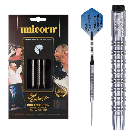 Unicorn Bob Anderson World Champion 90% tungsten darts — packaging, complete dart and barrel close-up