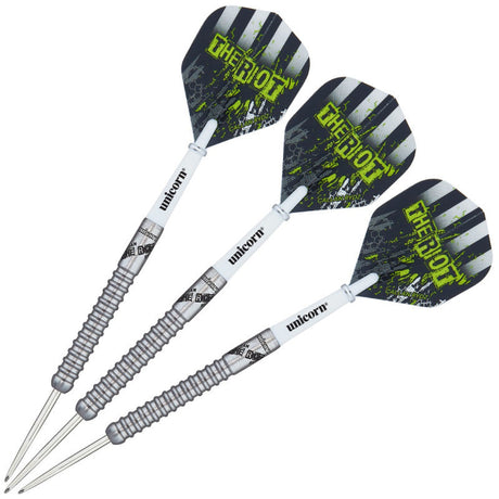 Three tungsten darts angled on white background showing ringed barrel grip and Callan Rydz 'THE RIOT' flights