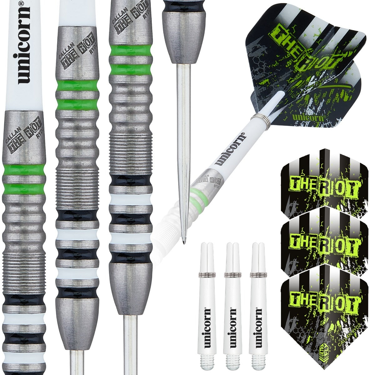Unicorn Callan Rydz The Riot 80% tungsten darts with packaging and accessories