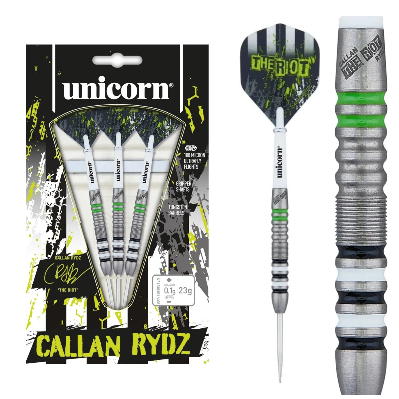 Unicorn Callan Rydz The Riot 80% tungsten darts — packaging, complete dart and barrel close-up
