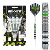 Unicorn Callan Rydz The Riot 80% tungsten darts — packaging, complete dart and barrel close-up