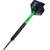 Angled view tungsten dart with black Wraith grip barrel, green shaft, and branded flights on white background