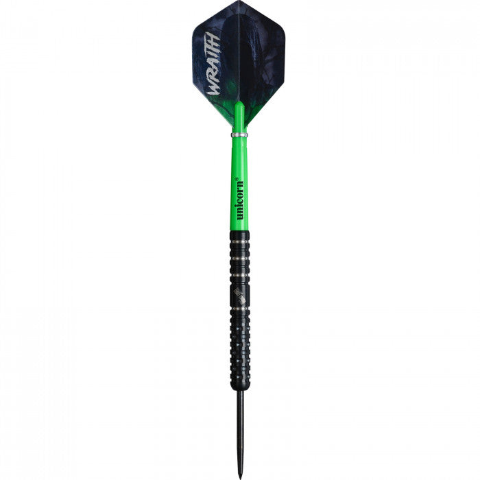 Single tungsten dart full view on white background with black knurled grip, green shaft, and Wraith flights for precision darts