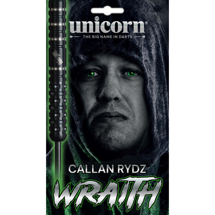 Wraith 90% tungsten dart for Callan Rydz in retail packaging, close-up of textured grip barrel, bold dart branding