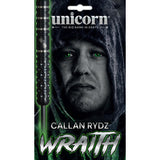 Wraith 90% tungsten dart for Callan Rydz in retail packaging, close-up of textured grip barrel, bold dart branding