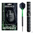 Full dart in black-green with knurled 90% tungsten barrel, retail packaging, close-up of precision grip rings for dart players