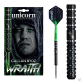 Full dart in black-green with knurled 90% tungsten barrel, retail packaging, close-up of precision grip rings for dart players
