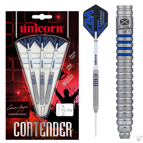 Cameron Menzies 90% tungsten darts in retail packaging, with close-up of precision ring-grip barrel and blue accent rings