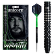 Cameron Menzies Wraith tungsten dart in retail packaging, full assembled dart, and close-up barrel grip texture on white background
