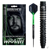 Cameron Menzies Wraith tungsten dart in retail packaging, full assembled dart, and close-up barrel grip texture on white background