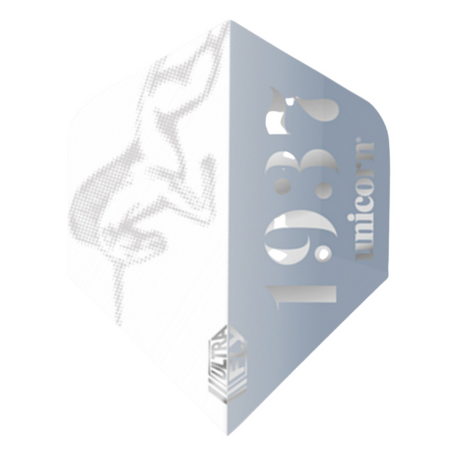 Silver icon big wing dart flight angled close-up, isolated on white, showing 1987 text and unicorn graphic for dartboard equipment