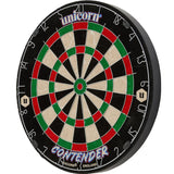 Angled dartboard view with clear wire divisions, vibrant segment colors, and detailed bullseye for darts practice