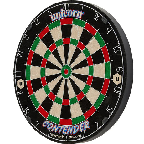 Angled dartboard view with clear wire divisions, vibrant segment colors, and detailed bullseye for darts practice