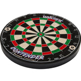 angled view classic bristle dartboard with bold numbers, red and green scoring zones, isolated on white for darts setup