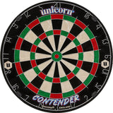 Full view of Contender dartboard with clear segment colors, numbering, and bullseye, ideal for beginner dart setup