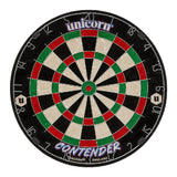 Top-down view of contender dartboard with clear number ring, standard target zones, black, green, and red segments, isolated on white