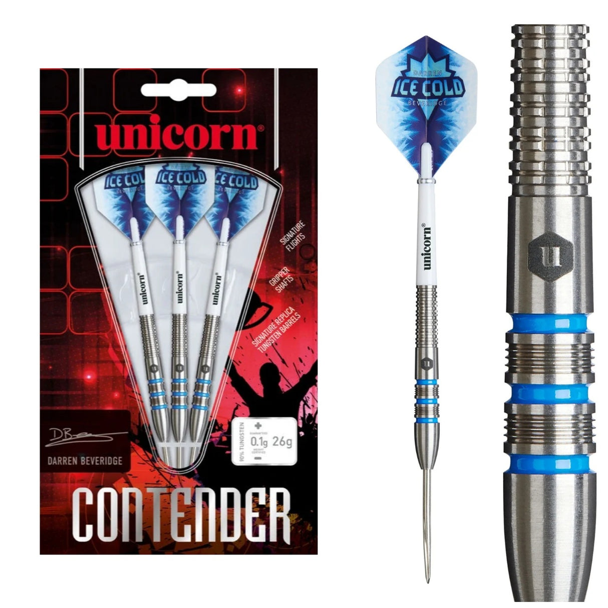 Unicorn Darren Beveridge Ice Cold Contender 90% tungsten darts — packaging, complete dart and barrel close-up