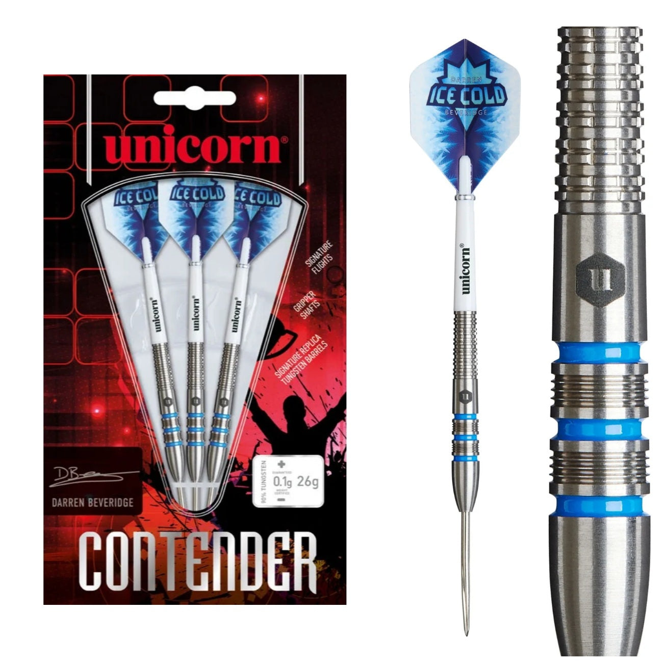 Unicorn Darren Beveridge Ice Cold Contender 90% tungsten darts — packaging, complete dart and barrel close-up