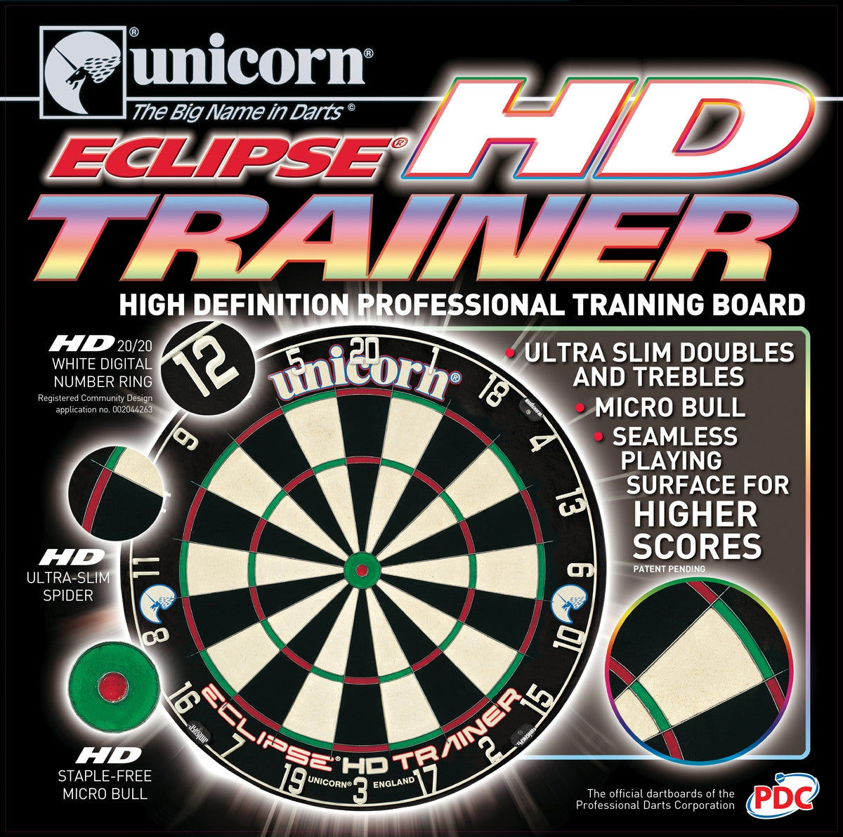 Dartboard packaging with front view, close-ups of ultra-slim doubles, micro bull, white number ring, and seamless training surface