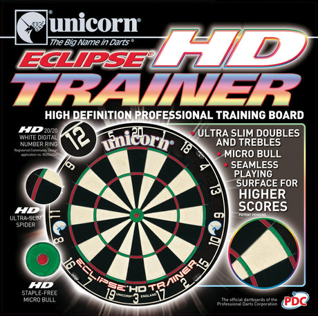 Dartboard packaging with front view, close-ups of ultra-slim doubles, micro bull, white number ring, and seamless training surface