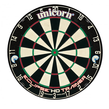 Top-down view of trainer dartboard with ultra slim doubles, trebles, and seamless surface for dart practice