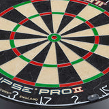 Close-up angled shot of Eclipse Pro 2 dartboard showing thin wiring, bullseye, and high-visibility scoring zones