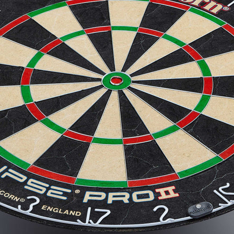 Close-up angled shot of Eclipse Pro 2 dartboard showing thin wiring, bullseye, and high-visibility scoring zones