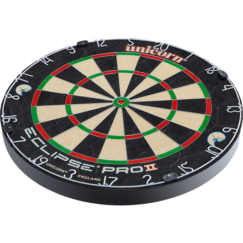 Professional dartboard angled view with ultra-thin wiring, clear segment separation, and super thin bullseye, isolated on white