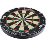 Professional dartboard angled view with ultra-thin wiring, clear segment separation, and super thin bullseye, isolated on white