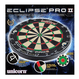 Eclipse Pro 2 dartboard in box, angled view with focus on ultra-slim wires, thin bullseye, flat profile numbers for professional darts