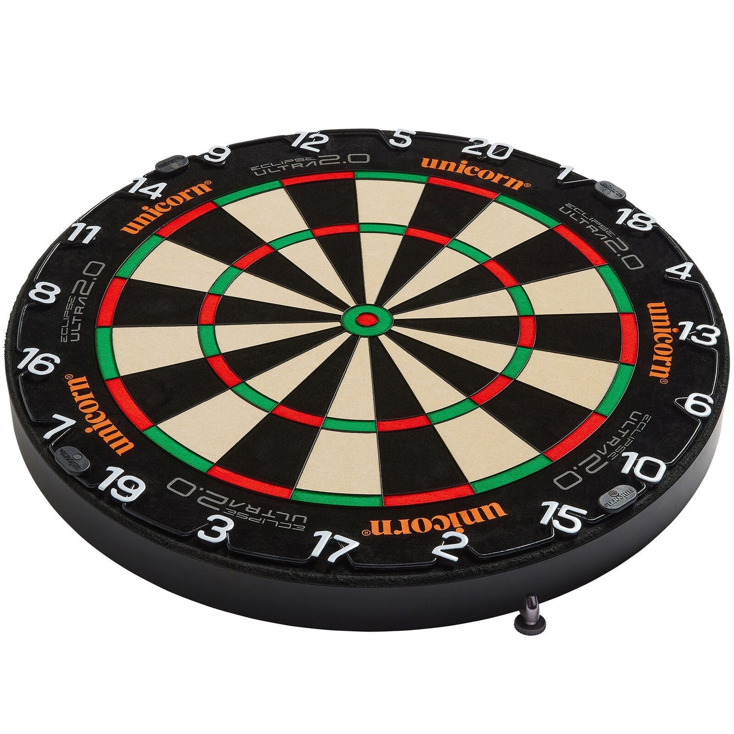 Angled view of Eclipse Ultra 2.0 dartboard isolated on white, highlighting thin wiring, bold number ring, and pro-level segmented surface